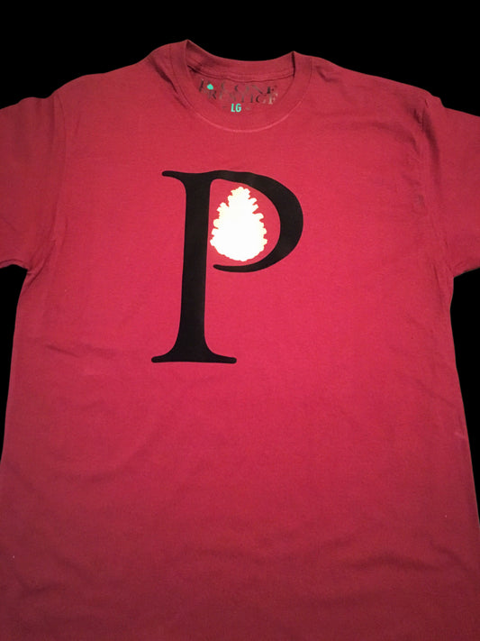 P. CONE PRESTIGE COMFORT TEE: BURGUNDY WITH BLACK AND GOLD P. CONE (FRONT)