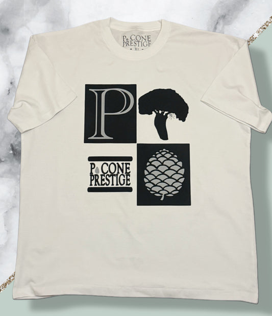P. CONE PRESTIGE BOX LOGO SHIRT: BLACK AND GREY ON WHITE SHIRT